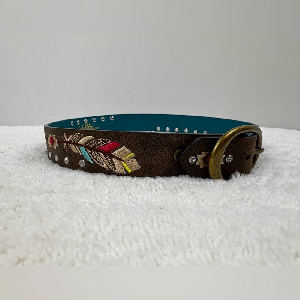 Catchfly Studio Girls’ Leather Belt Featuring Embroidered Feather Design